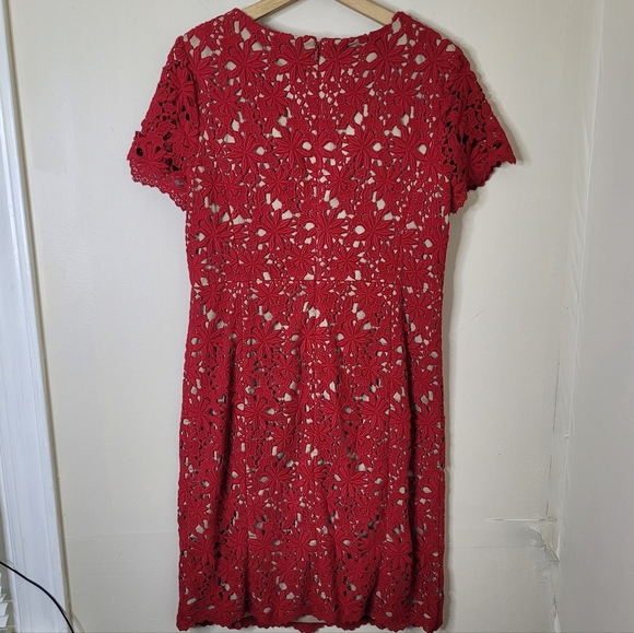 Talbots Red Floral Crochet Overlay Dress Holiday Cocktail Feminine Sheath NEW - Picture 8 of 11
